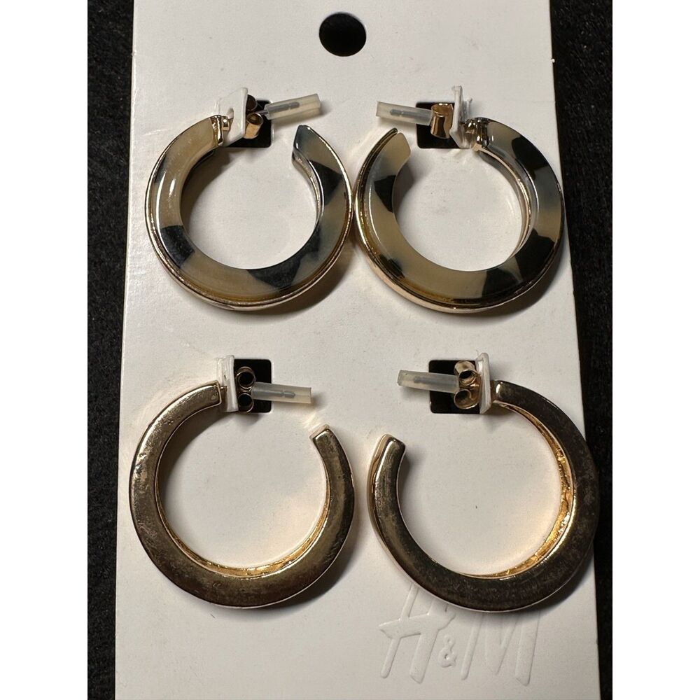 H&M Tortoiseshell Gold Hoop Earrings 2 Pair Set Acetate NWT